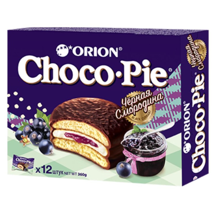Αφράτα Κοκάκια με επικάλυψη Γλάσο Κακάο Choco Pie με Γέμιση Μαύρο Φραγκοστάφυλο & Κρέμα 360g (12x30g) ORION