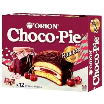 Αφράτα Κοκκάκια με επικάλυψη Γλάσο Κακάο Choco Pie με Γέμιση Κεράσι 360g (12x30g) ORION!
