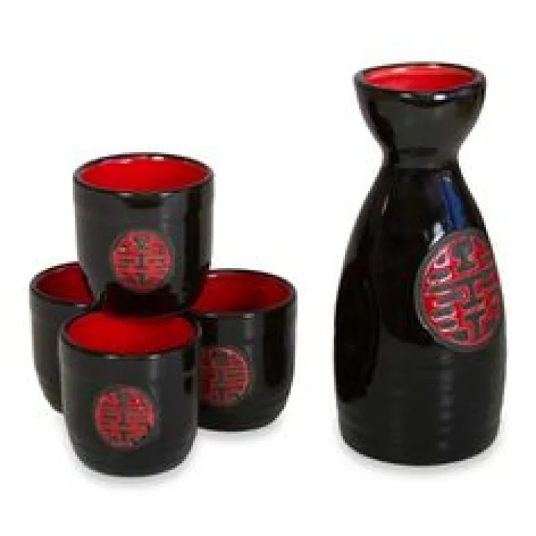 Sake Set Red Black Double Happyness Gift Box 5pcs
