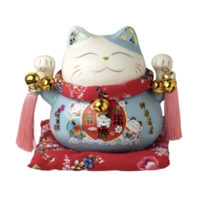 Lucky Cat Blue Money Box Maneki Neko 14 cm height, 15cm diameter JADE TEMPLE