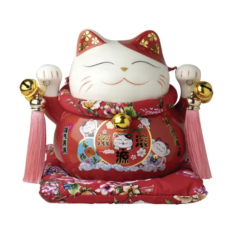 Lucky Cat Red Money Box Maneki Neko 14 cm height, 15cm diameter JADE TEMPLE